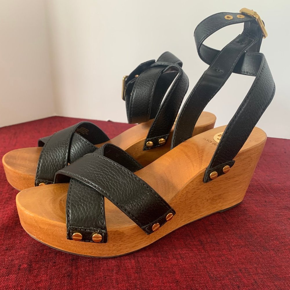 Tory Burch Risley Black leather platform wood clog sandal 8.5